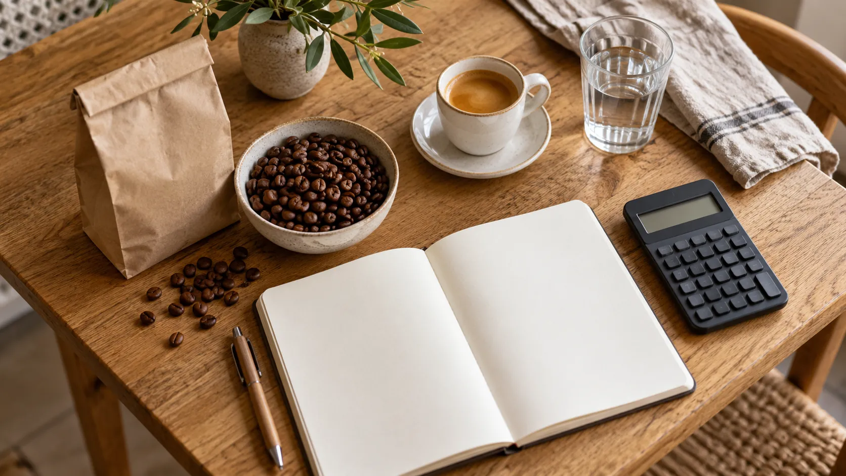 Kaffeebohnen, Espresso, leeres Notizbuch und Taschenrechner auf einem Tisch