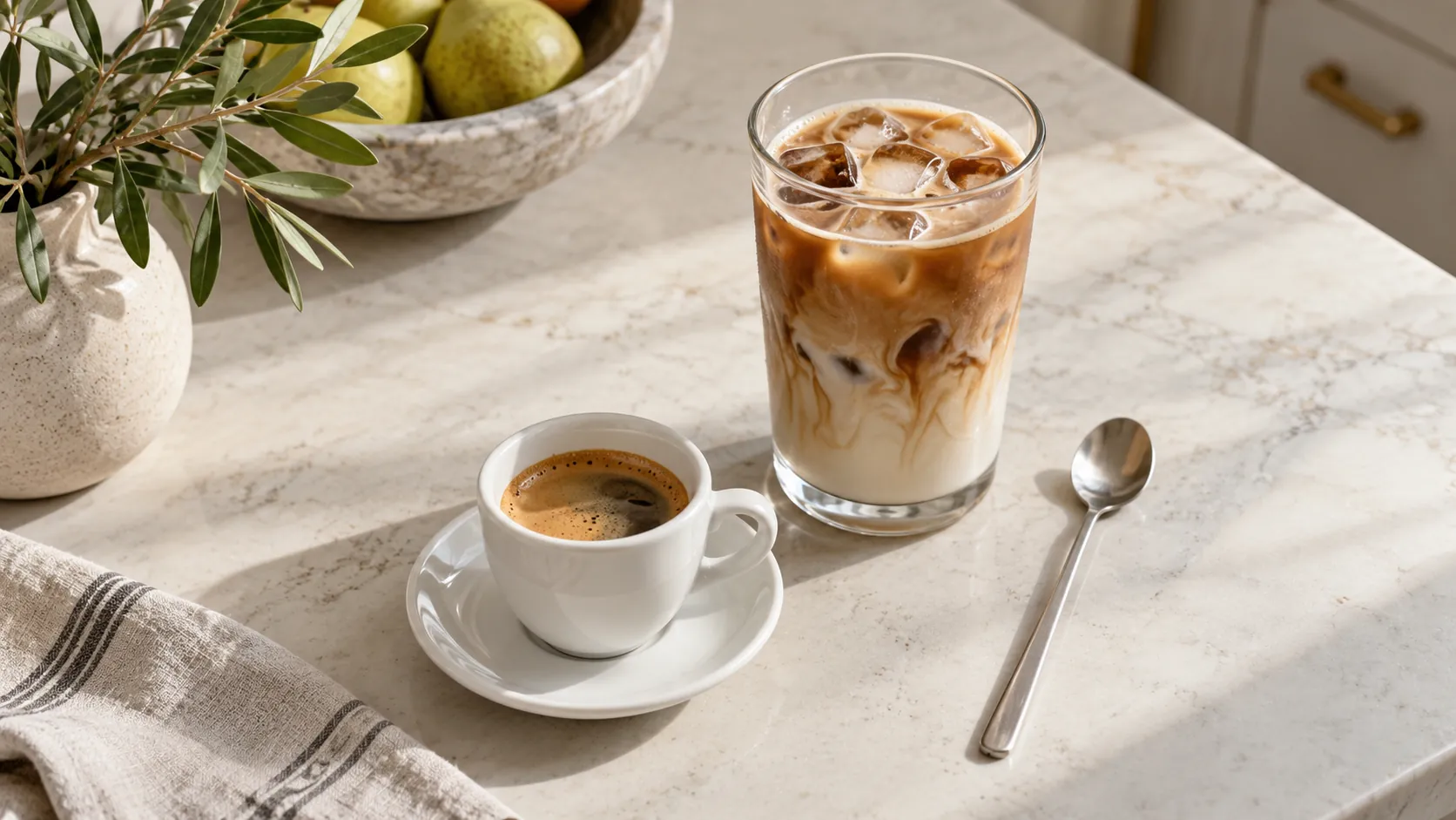 Espresso und eisgekühlter Milchkaffee auf einer hellen Arbeitsplatte