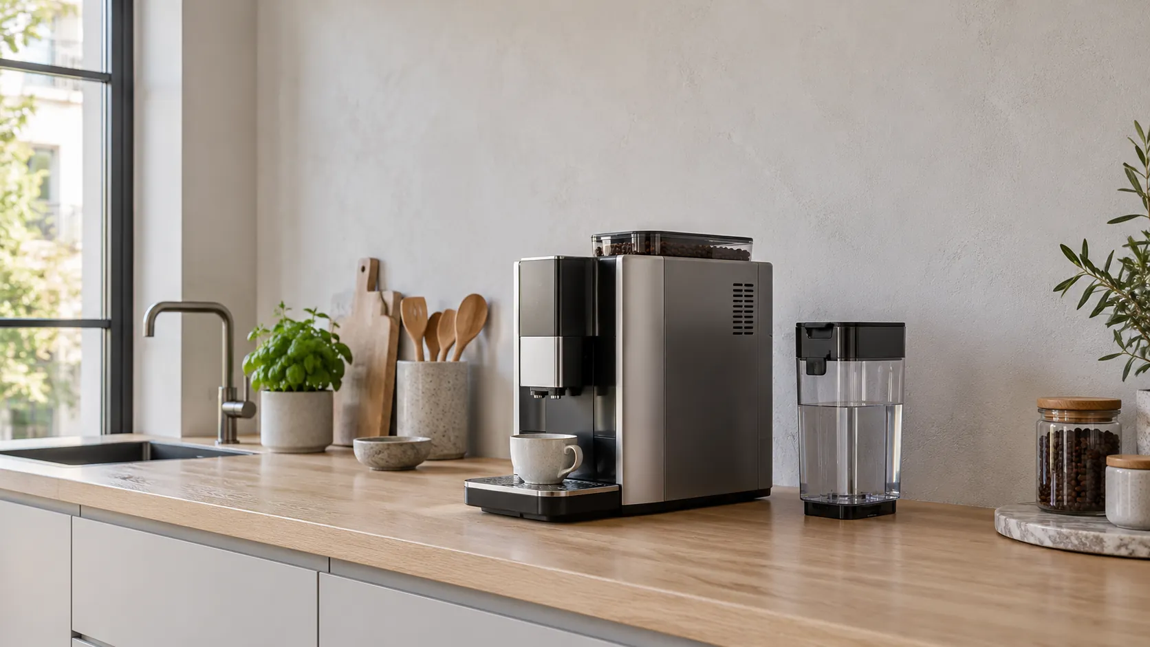 Symbolischer Kaffeevollautomat mit separatem Wassertank auf einer schmalen Arbeitsplatte