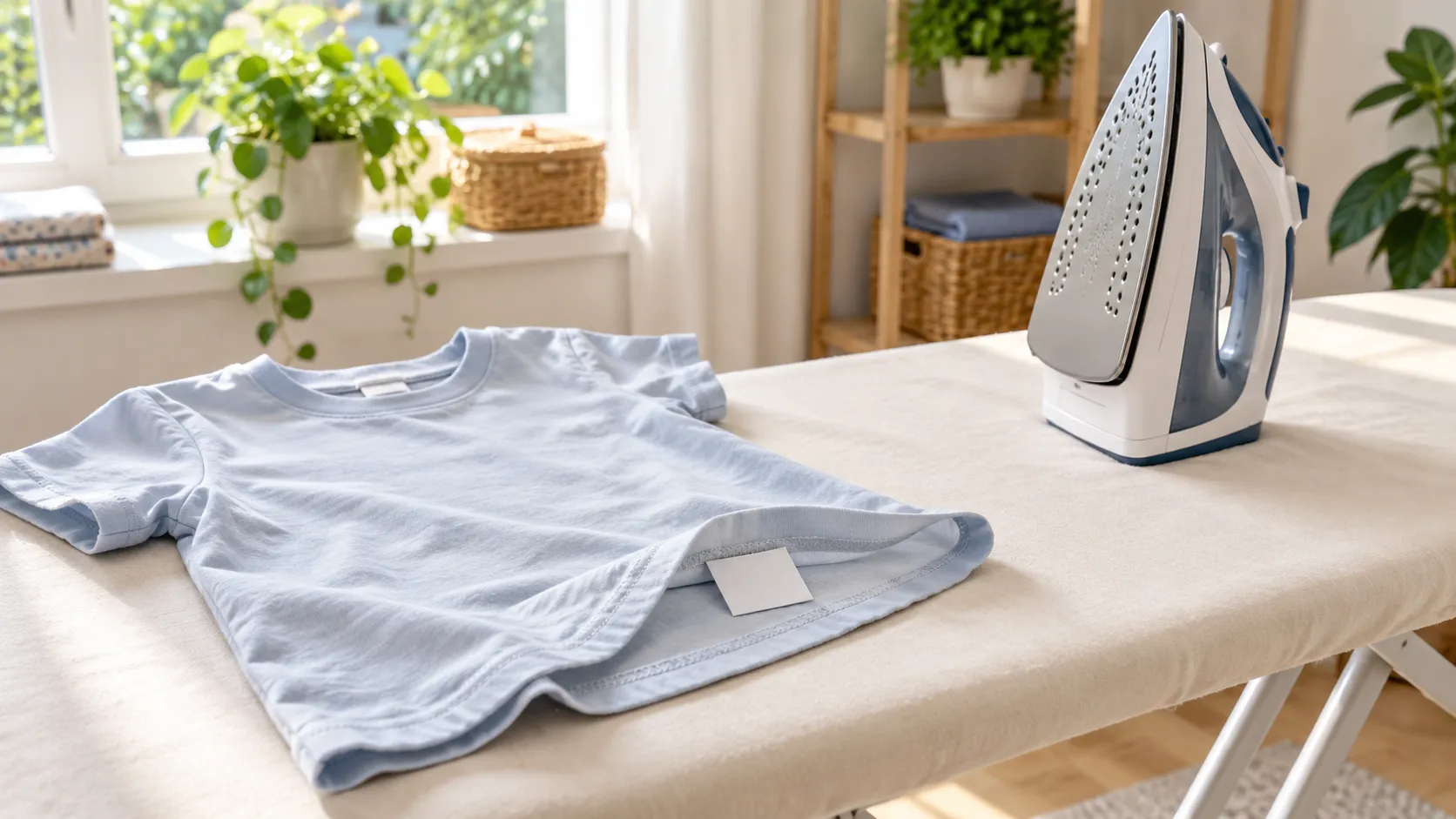 Kinder-T-Shirt mit leerem Etikett am inneren Saum auf einem Bügelbrett neben aufrecht stehendem Bügeleisen