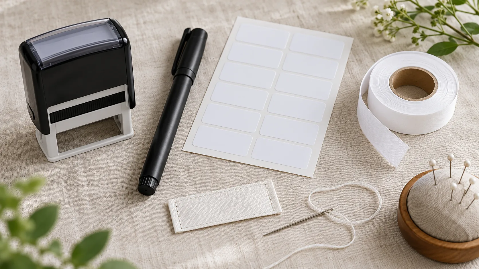 Stempel, Textilstift, Klebeetiketten, Etikettenband und Nähetikett auf einer hellen Arbeitsfläche