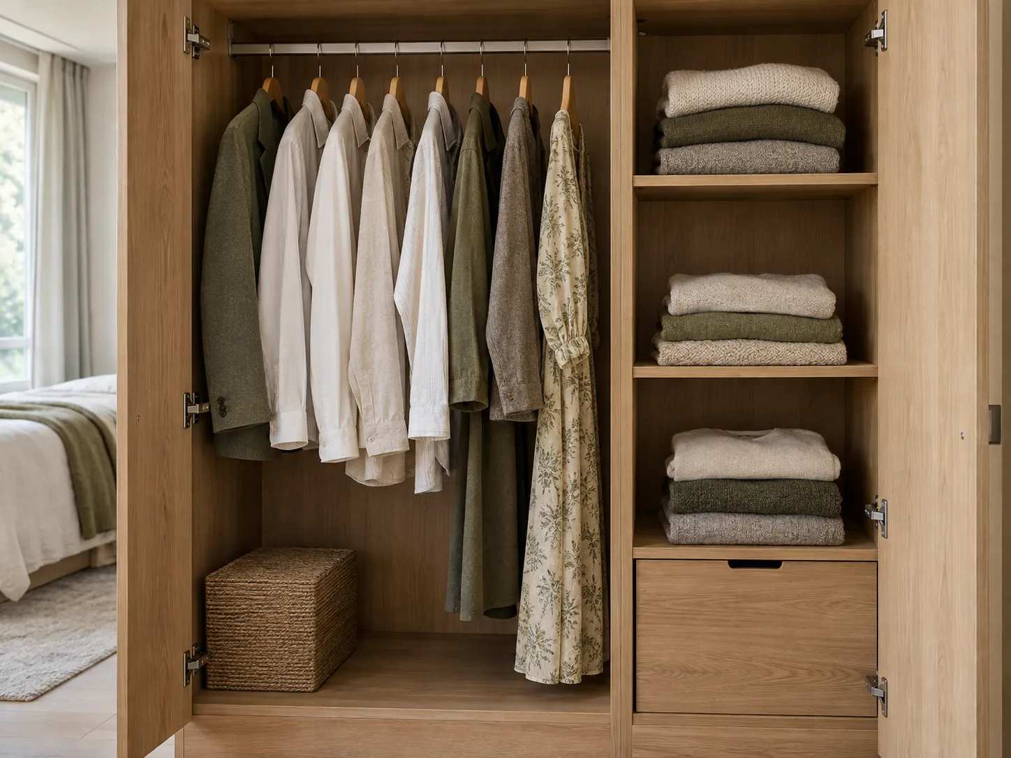 Geöffneter Kleiderschrank mit hängender Kleidung und gefalteten Pullovern