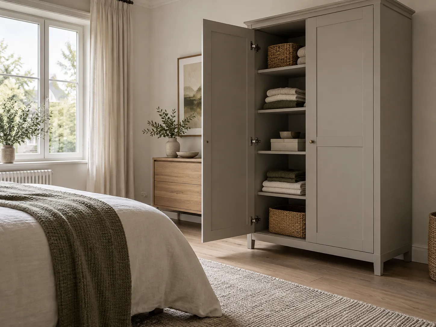 Geöffnete Drehtür eines Kleiderschranks neben dem Bett