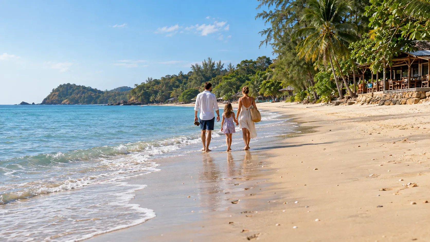 Familie spaziert am breiten Sandstrand entlang einer flachen Wasserlinie