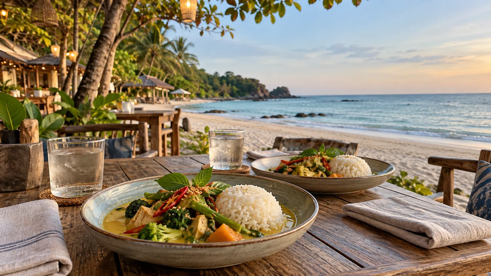 Thai-Gerichte auf einem Holztisch einer offenen Terrasse direkt am Strand