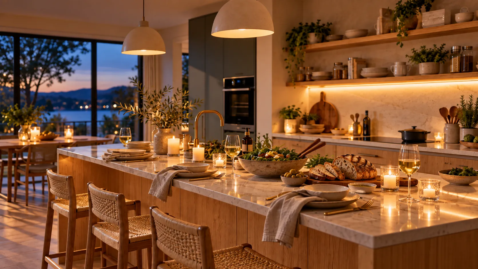Gemütliche moderne Küche am Abend mit gedeckter Insel, Kerzen, Salat, Brot und warmem Licht