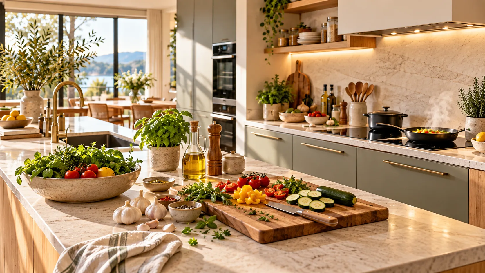 Moderne Küche mit vorbereiteten Zutaten, kurzen Arbeitswegen zwischen Spüle, Arbeitsfläche und Kochfeld