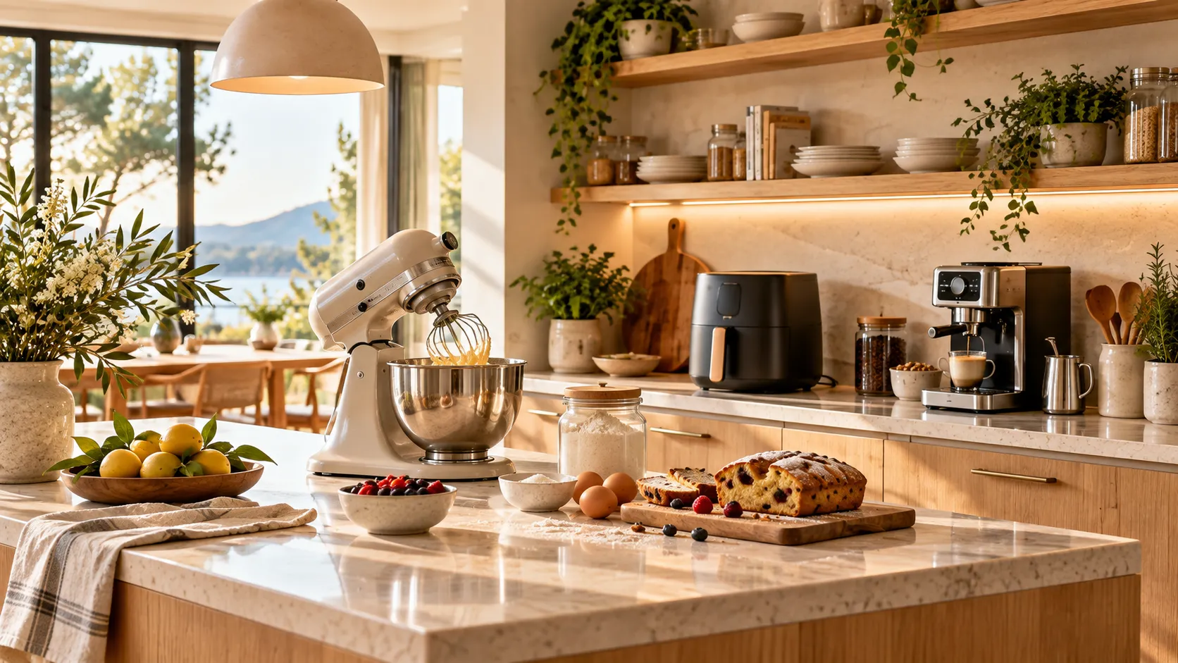 Standmixer, Airfryer und Kaffeemaschine sinnvoll in eine helle moderne Küche integriert