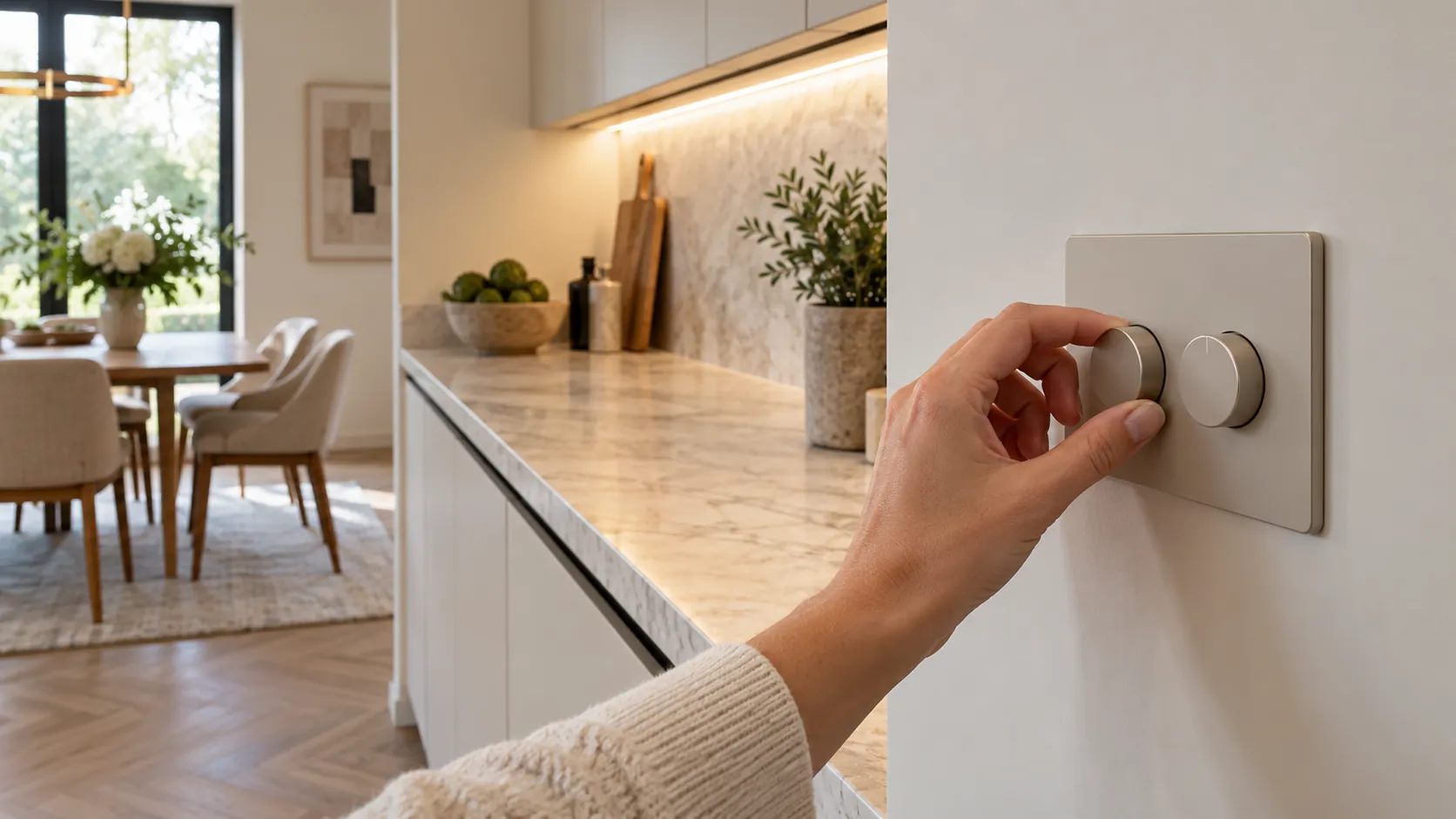 Hand bedient einen Drehdimmer mit zwei Reglern neben einer beleuchteten Küche.