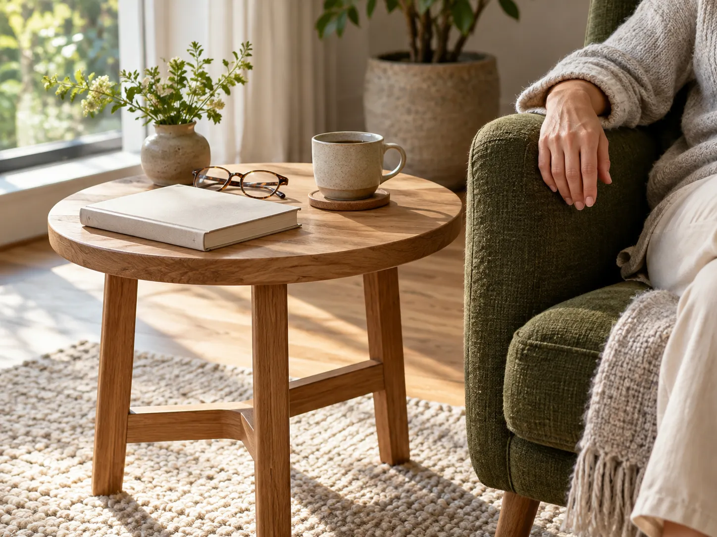 Kleiner Beistelltisch mit Buch, Brille und Tasse neben einem Sessel