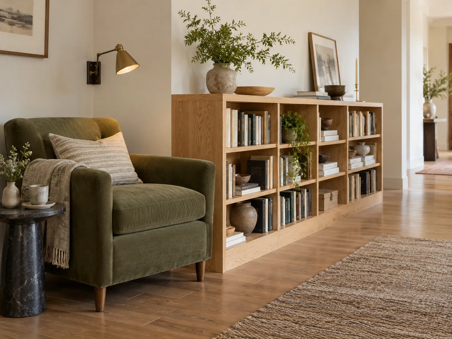 Leseplatz mit grünem Sessel vor einem niedrigen Bücherregal