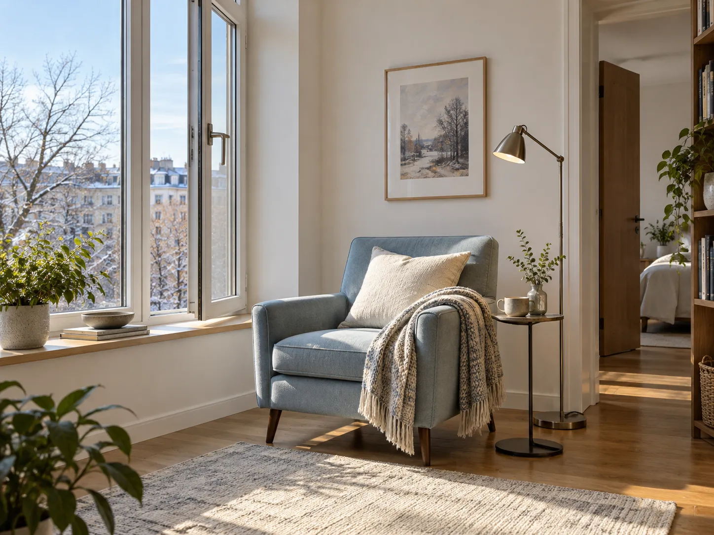 Sessel mit Leselampe steht seitlich an einem Fenster, dessen Flügel frei bleiben
