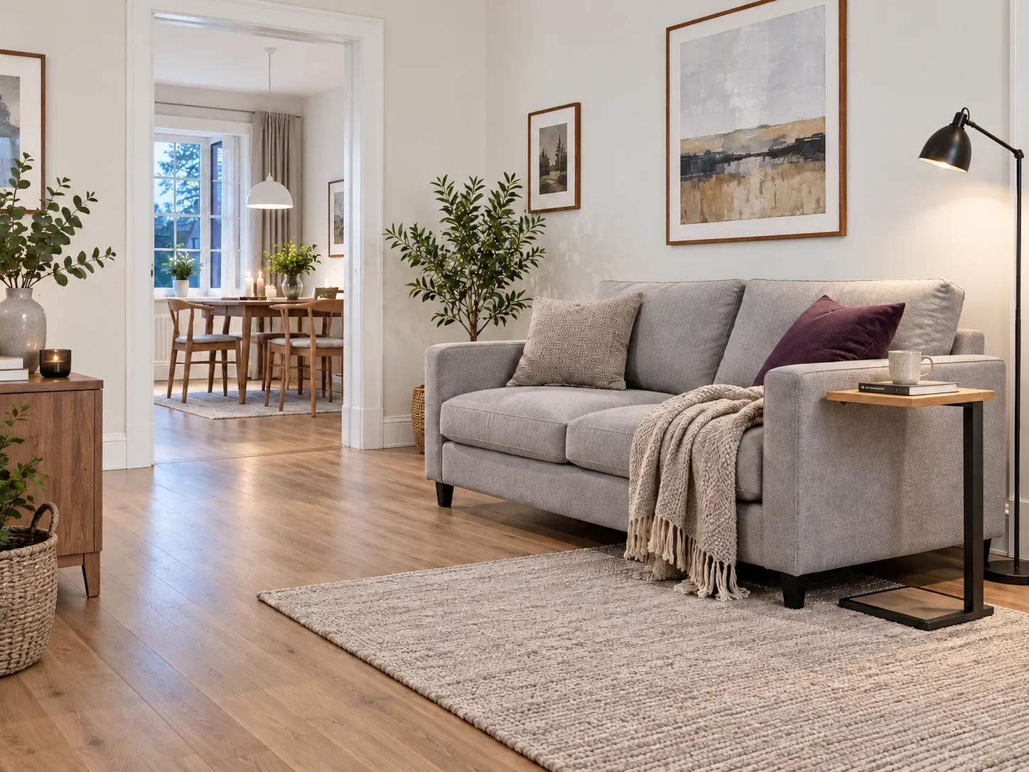 Vorhandenes Sofa mit Leselampe und kleiner Ablage in einem kompakten Wohnzimmer