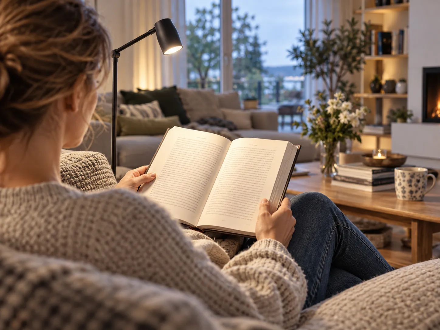 Verstellbare Leselampe beleuchtet die Seiten eines Buches neben einem Sessel