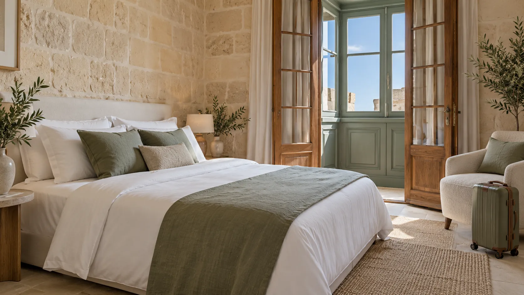 Fiktives Gästezimmer mit hellem Bett, Koffer und verglastem Holzbalkon – symbolische KI-Illustration