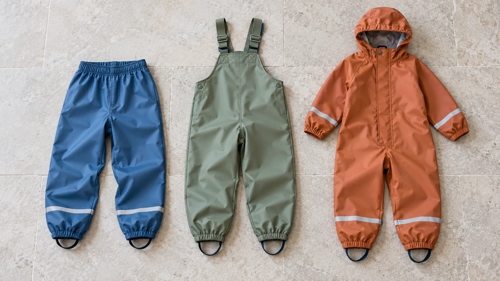 Blaue Regenhose, grüne Matsch-Latzhose und orangefarbener Regenoverall nebeneinander