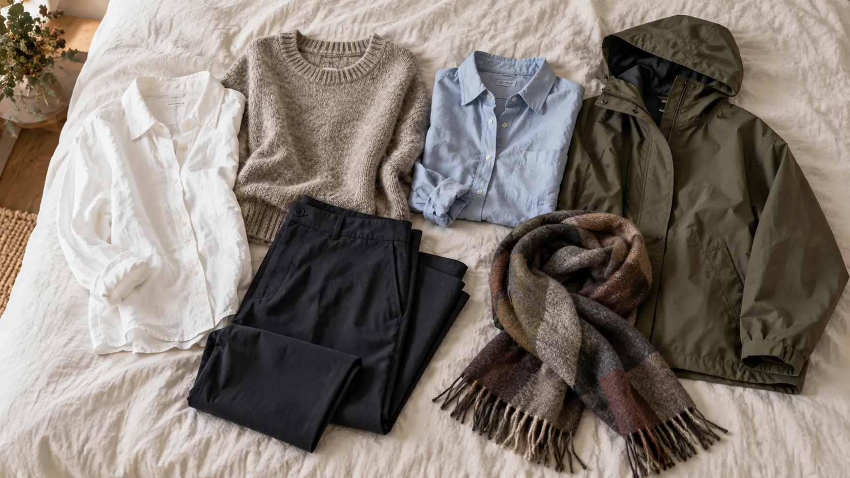 Zwei Hemden, Pullover, dunkle Hose, Schal und Regenjacke auf einem hellen Bett