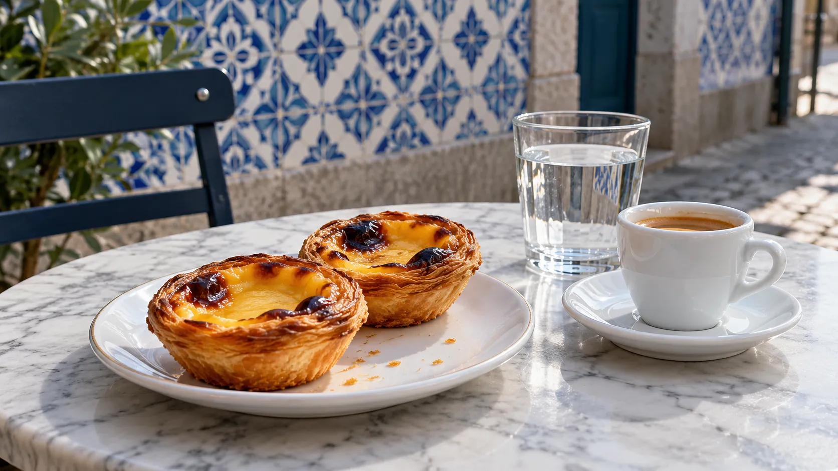 Zwei Pastéis de Nata mit Espresso vor einer blau-weiß gefliesten Fassade