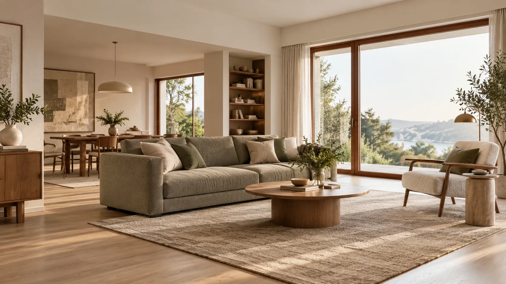 Graugrünes Sofa mit Bewegungsfläche in einem offenen Wohnzimmer