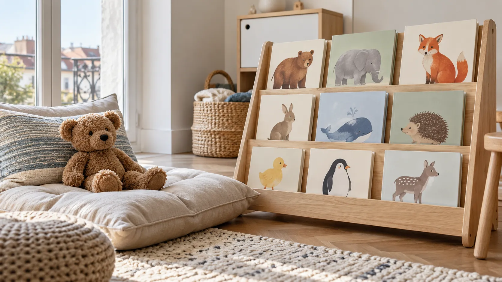 Niedriges Bücherregal zeigt Buchvorderseiten mit Tiermotiven neben einem Sitzkissen