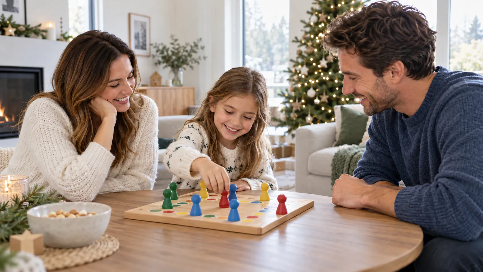 Eltern und Kind spielen gemeinsam ein Brettspiel mit farbigen Figuren