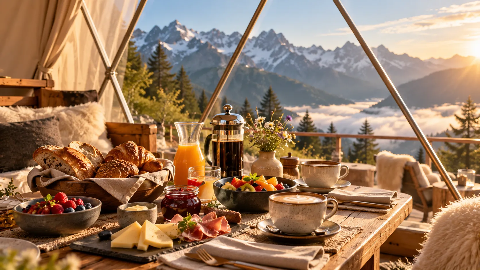 Frühstück mit Alpenblick – KI-Illustration
