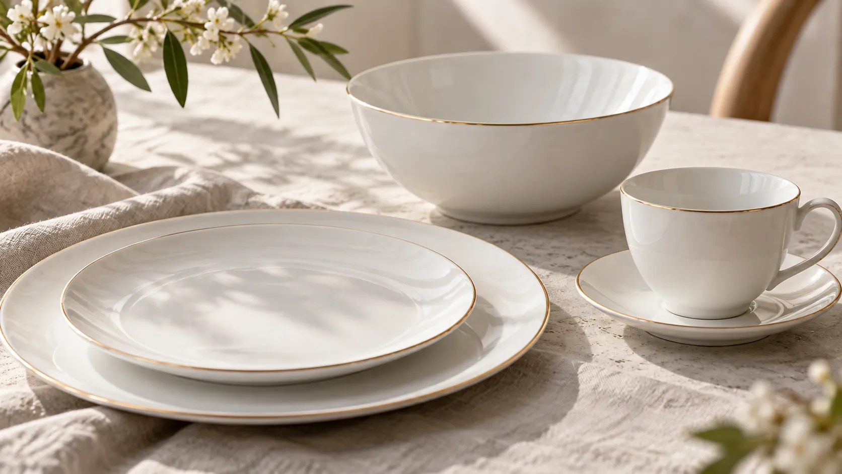 Feines weißes Porzellan mit Tellern, Schale und Tasse in hellem Tageslicht
